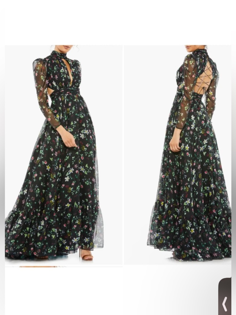 MAC DUGGAL 67942 Floral chiffon high neck puff sleeve cutout back gown